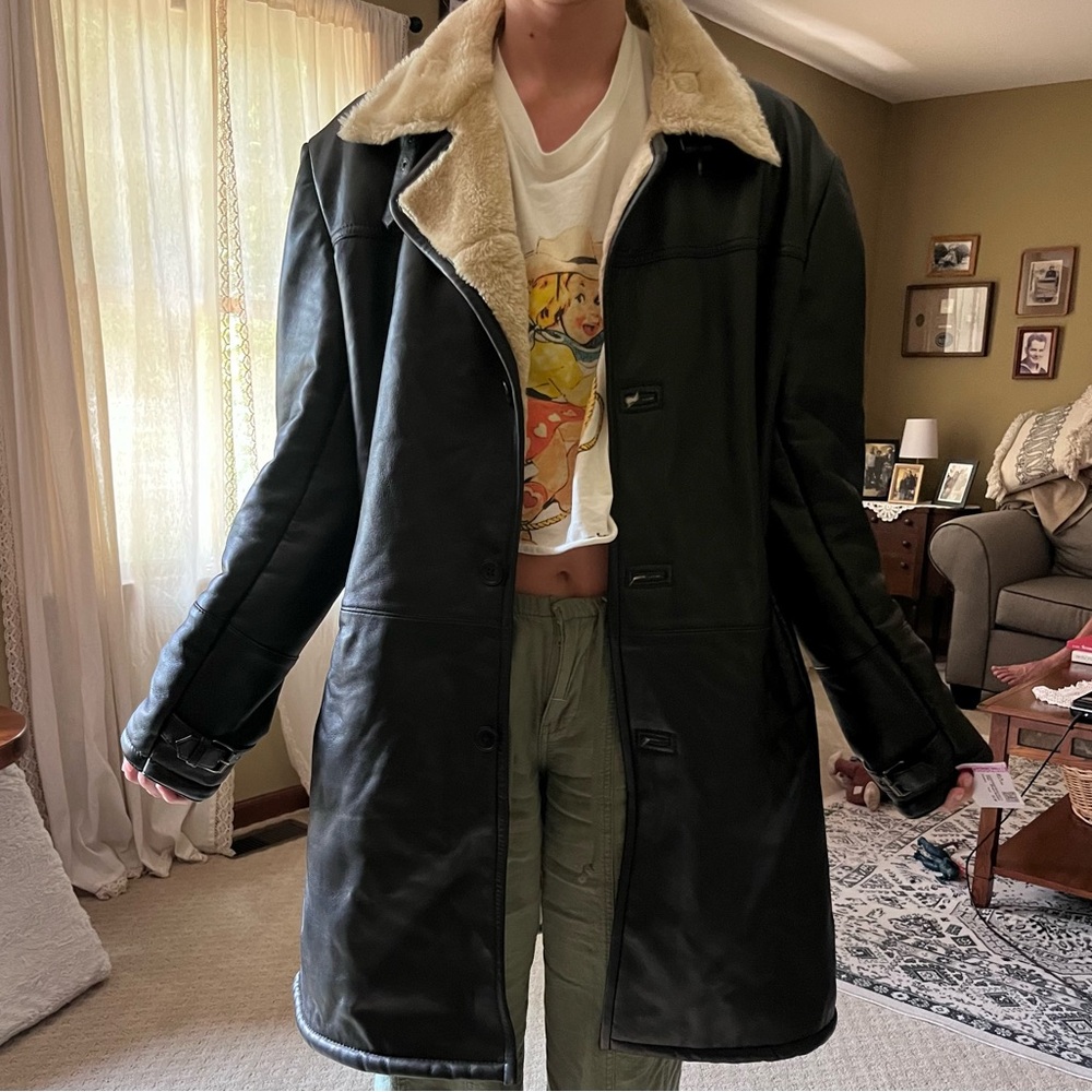 Vintage faux Black Leather Coat with Cream shearling Lining